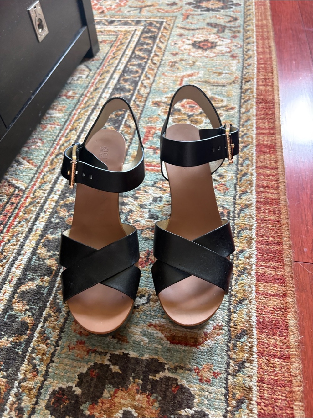 Michael Kors Black Crisscross Wedge Sandals with Gold Buckle